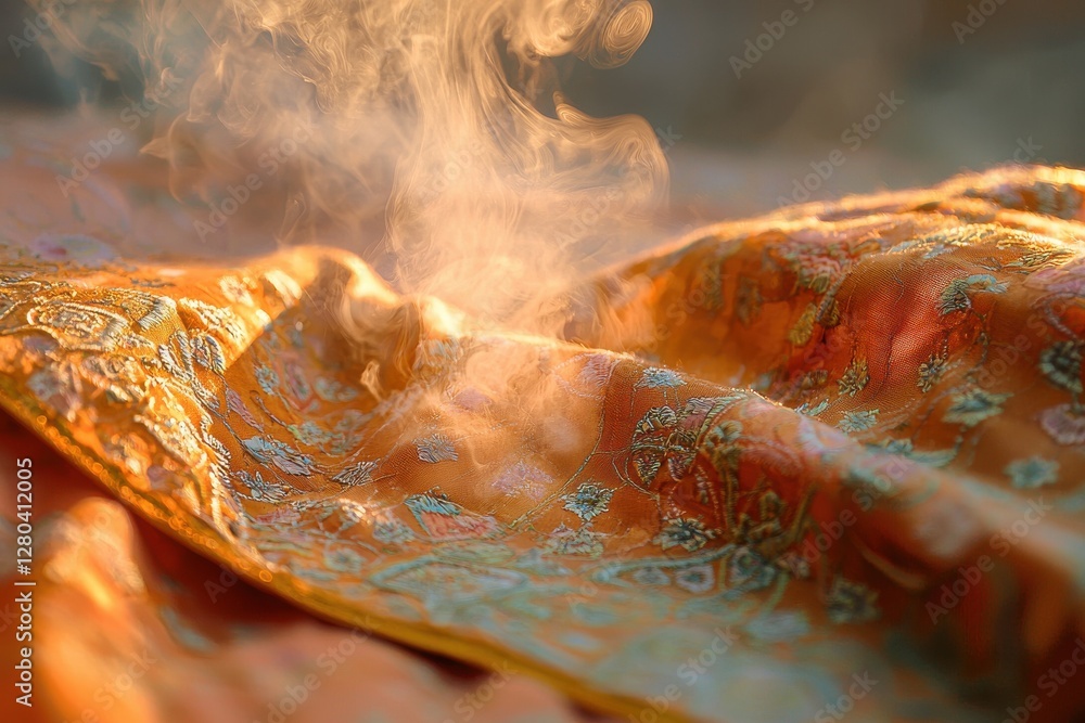 Poster detailed shot of a steam emanating from a golden patterned fabric, emphasizing the luxurious texture