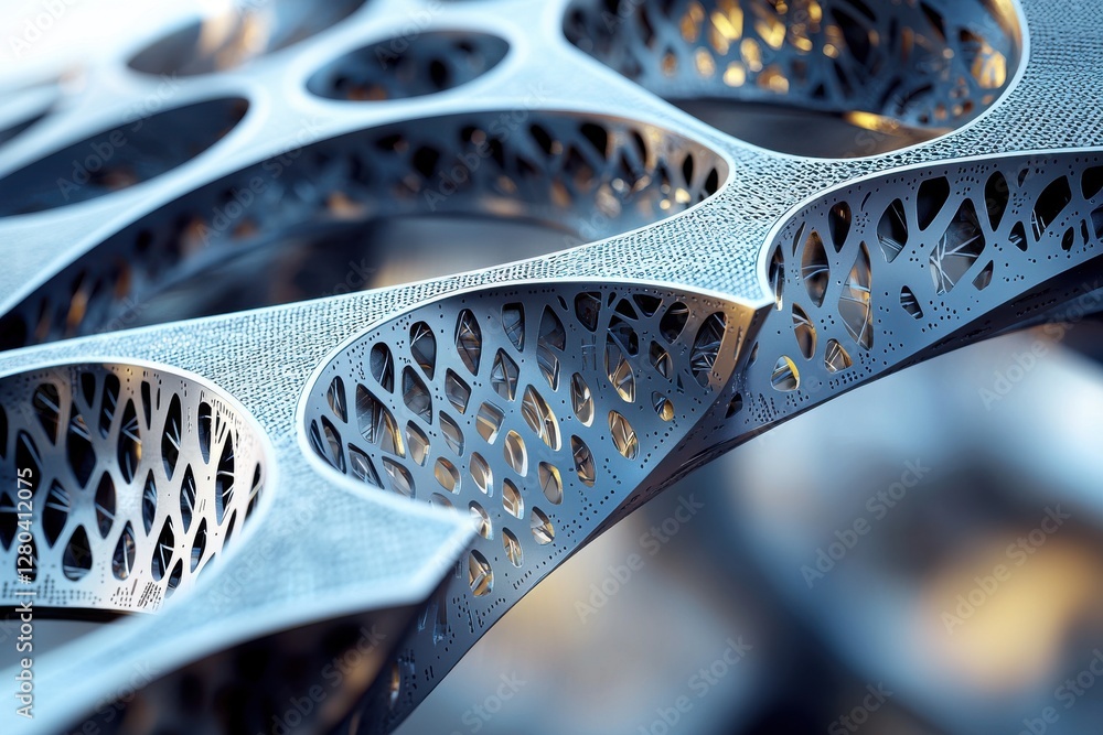 Poster architectural structure with intricate patterns and complex openings, a modern futuristic metal artw