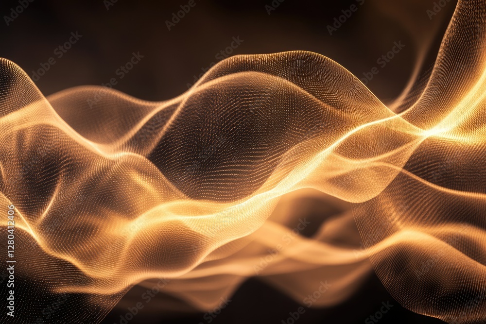 Aufkleber Abstract golden wave of particles flowing smoothly in dark background, digital art.
