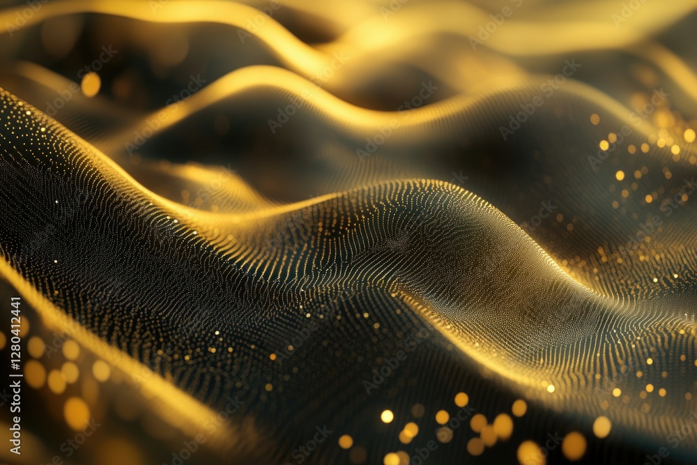 Poster abstract golden wave texture with glittering particles, a digital art piece.