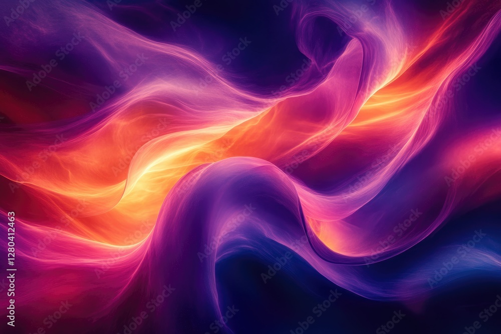Poster abstract artwork featuring vibrant swirls of orange, purple, and pink hues creating a dynamic and fl