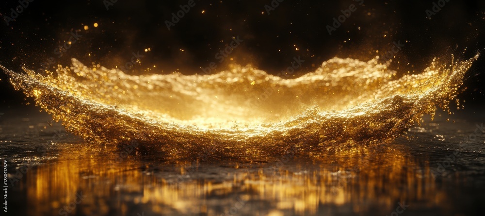 Aufkleber golden splash of water creating a beautiful fountain effect on dark background with sparkling partic