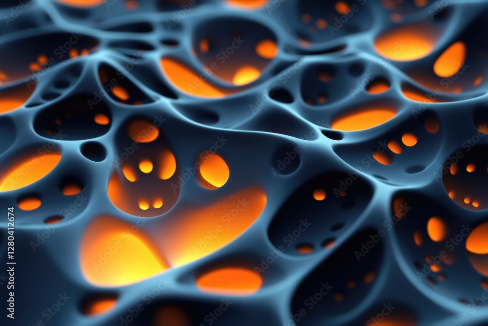Poster abstract 3d render of a porous, cavernous structure with glowing orange interiors.