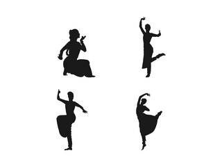 A set of silhouettes of women dancers. Asian Traditional Classic Dance. Women dancers dancing in a silhouette. Black silhouettes of women dancers in different positions. Vector on a white background.