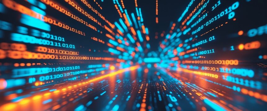 Futuristic Digital Landscape with Neon Blue and Orange Hues Glow of Binary Code in Cyberpunk Style