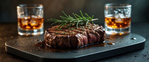 grilled medium rare steak garnished with rosemary on a black serving board accompanied by glasses of whiskey on the rocks