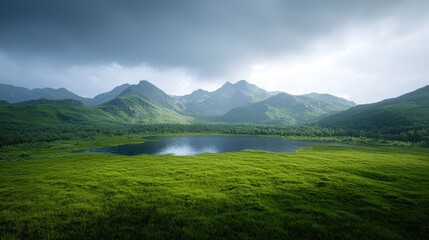 Fototapeta premium Vast green field of grass under clear blue sky on a sunny day with gentle breeze