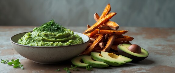 Creative and healthy bowl of mashed green vegetables with sweet potato fries and fresh avocado on a textured surface