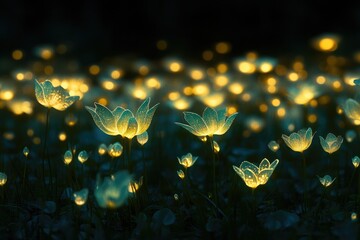 Glowing teal flowers illuminate a dark field at night, creating a magical, ethereal scene.