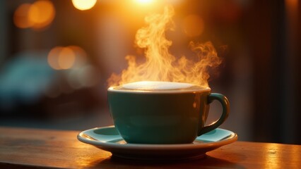 A steaming cup of coffee sits on a wooden surface with a warm, blurred background illuminated by sunlight.