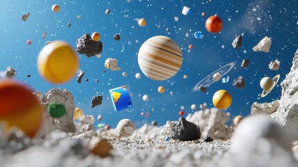 Various colored objects floating in the air against a neutral background