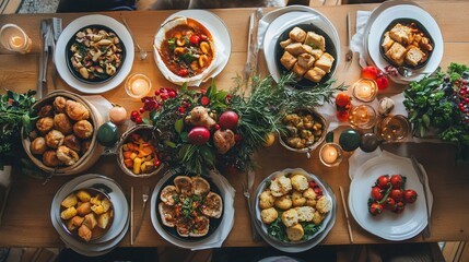 Overhead view of a rustic wooden table laden with a delicious and abundant Thanksgiving feast.