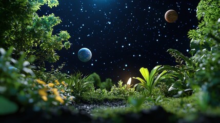 A distant view of a planet in the night sky with stars surrounding it and a dark backdrop