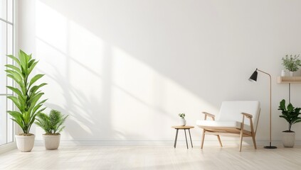 Bright minimalist living room with light wooden floors, white walls, armchair, floor lamp and indoor plants, empty space for text display in clean modern home decor concept