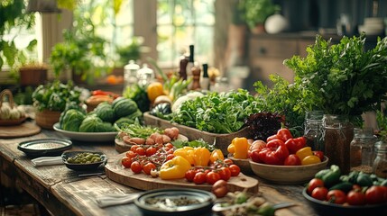 Farm-to-table food display with fresh vegetables and rustic table setting for a healthy food ads