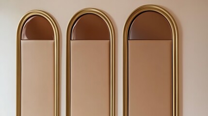 Three arched panels with gold frames and beige inserts