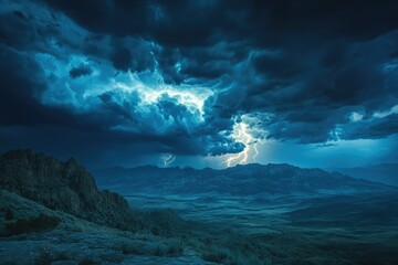 Epic thunderstorm over a mountain range at night, with dramatic lightning strikes illuminating the landscape.