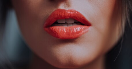 Fototapeta premium Close-up of a woman's lips with vibrant red lipstick and a natural look, focusing on beauty.