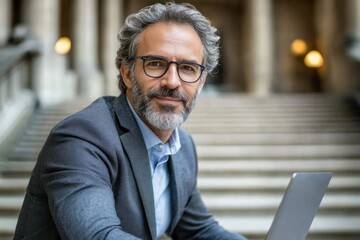 Professional man with laptop in a historic building during the day
