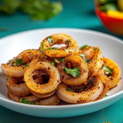 Naklejka premium Seasoned Fried Squid Rings with Herbs on White Plate