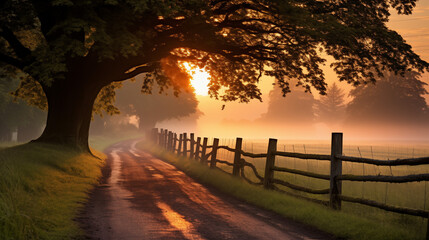 Obraz premium Country road leading to the sunrise, flanked by an old oak tree and wooden fences, with mist creating a magical and serene atmosphere.