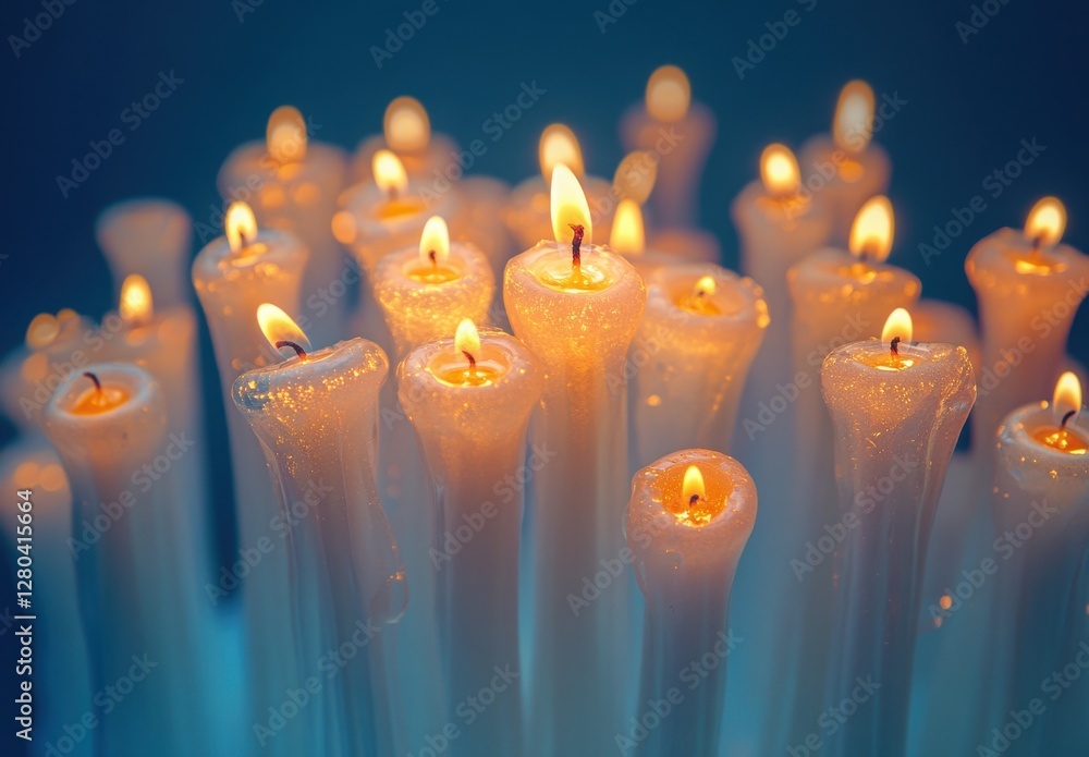 Aufkleber group of dripping white candles with flickering flames on a dark background, creating a warm and inv