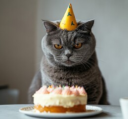Obraz na płótnie Canvas Grumpy Cat in Party Hat Stares at Colorful Birthday Cake with Icing, Celebrating Feline Birthday with Decorated Sweet Treat