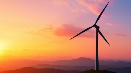 Obraz premium Majestic Wind Turbine Silhouetted Against a Vibrant Sunset Over Rolling Hills and Mountains, Representing Renewable Energy and Sustainable Future