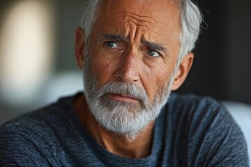 Older man with gray beard expressing deep thoughts and emotions in a candid moment