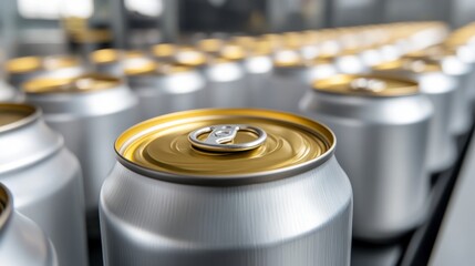 Silver Aluminum Cans on Conveyor Belt in Factory