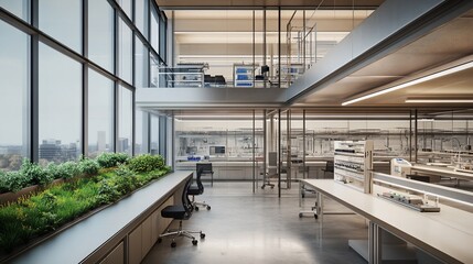 Fototapeta premium Modern, spacious laboratory with a large window overlooking a cityscape and an integrated green wall.