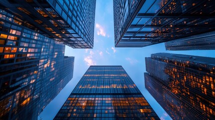 Ground level view of a modern city skyline with buildings and blue sky in the background