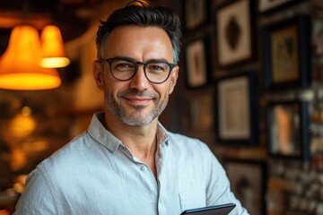 Smiling man with glasses holds tablet in cozy cafe setting during daytime