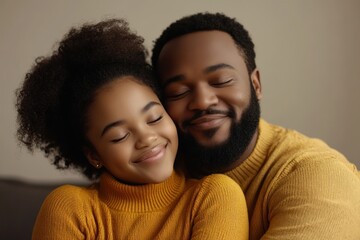 Obraz premium Father and daughter share a warm embrace in cozy sweaters during a joyful moment at home