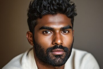 Obraz premium Portrait of a young man with curly hair and strong features against a neutral background