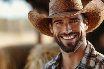 Fototapeta premium Smiling young man in straw hat enjoys rural life on a sunny day in the countryside