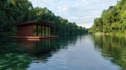 Obraz premium sustainable tourism ecotourism eco-lodges concept. A serene floating house on calm waters surrounded by lush greenery under a bright sky, embodying tranquility and nature's beauty.