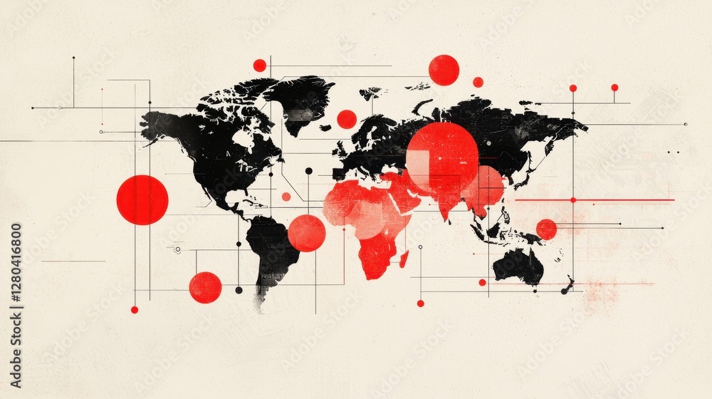 Poster abstract world map with red circles and lines representing data connections and global networks in m