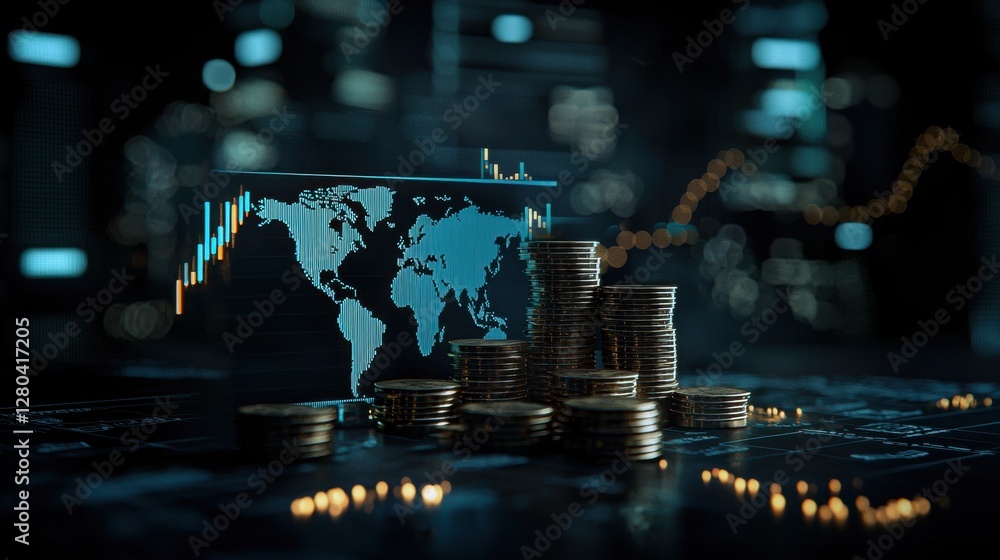 Poster stacks of coins with world map graphic and financial data visualization in background for investment