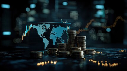 Stacks of Coins with World Map Graphic and Financial Data Visualization in Background for Investment and Global Economy Concept
