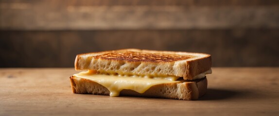 Grilled cheese sandwich with melted cheese and crispy bread under studio lighting on a wooden background