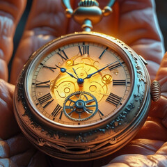 The image features a close-up of an antique gold pocket watch resting in the hands of an elderly person.