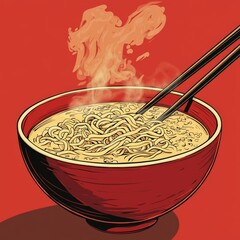 Steaming Bowl of Noodles with Chopsticks on Vibrant Background