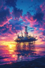 Fototapeta premium Stunning sunset view of an offshore oil rig jack, silhouetted against a vibrant sky.
