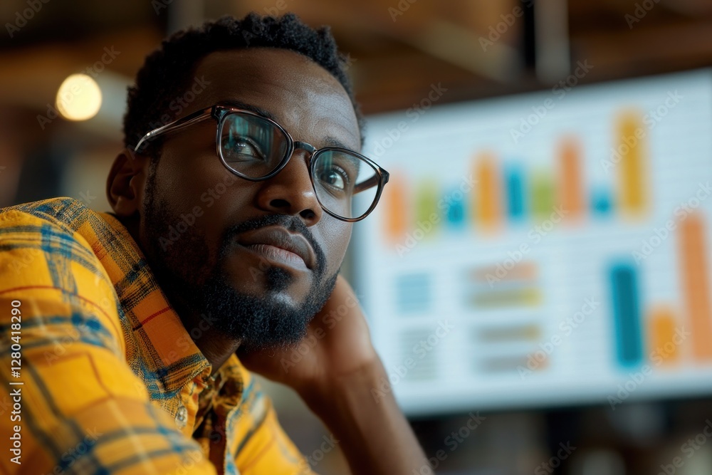 Poster focused professional analyzing data in an office setting during the day