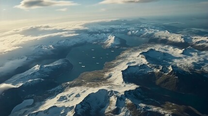 Aerial Fjord View Ships at Snowy Mountains