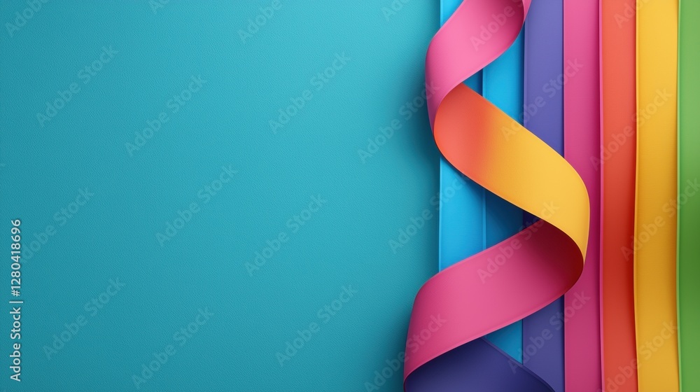 Poster a vibrant display of colorful ribbons against a teal backdrop, creating a cheerful and festive atmos
