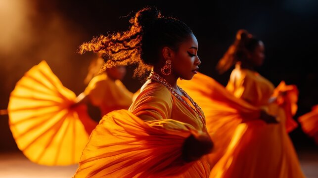 Graceful dancers in vibrant orange costumes perform a captivating routine, their movements fluid and expressive