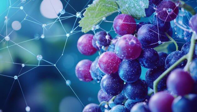 A nature-meets-technology concept where vines of fresh fruit intertwine with a high-tech IV system, representing the fusion of organic health and scientific innovation.