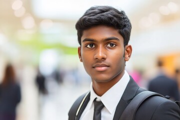 Fototapeta premium Young man in business attire poses confidently in a modern office setting during a busy day